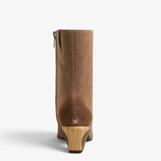 Sam Edelman Harmony 2 truffle suede bootie shown from the back with logo detail and sculpted block heel.