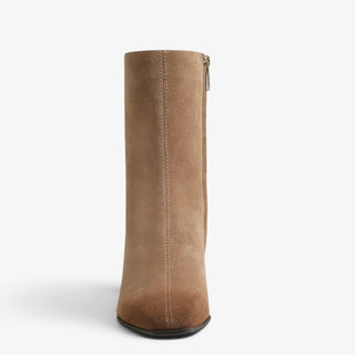 Sam Edelman Harmony 2 truffle suede bootie shown from the front with sleek square toe and structured ankle shaft.