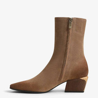 Sam Edelman Harmony 2 truffle suede bootie shown from the inside with side zipper, square toe and block heel.