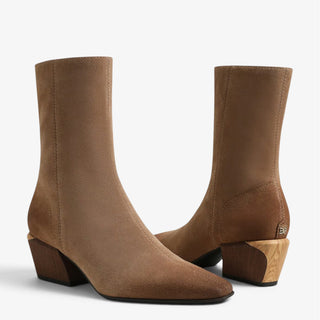 Sam Edelman Harmony 2 truffle suede booties shown from front and back angles with tall ankle shaft and wood-look block heel.