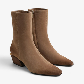 Sam Edelman Harmony 2 truffle suede booties with square toes and block heels shown together in angled front view.