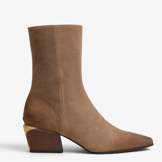 Sam Edelman Harmony 2 truffle suede ankle bootie shown in side view with square toe and sculpted block heel.