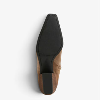 Sam Edelman Harmony 2 truffle suede bootie outsole shown from below with square toe shape and block heel construction.