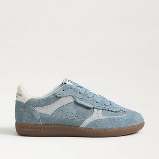 Sam Edelman Kallen Coastal Blue women's suede sneaker with grey accents and gum sole, side view