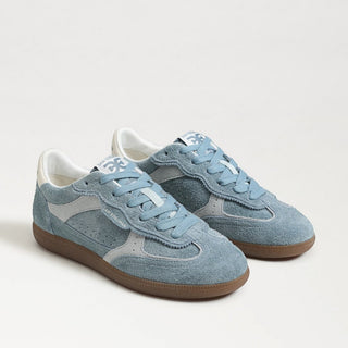 Sam Edelman Kallen Coastal Blue suede sneakers for women with tonal details and gum soles, angled pair view