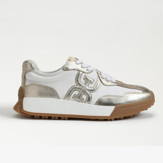 Sam Edelman Langley metallic gold and white sneaker with gum sole for casual everyday outfits, side view