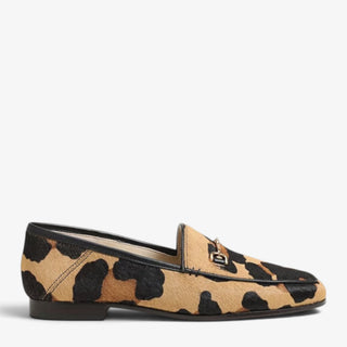 viewsam-edelman-loraine-leopard-Sam Edelman Loraine leopard print Brahma hair loafer with black trim and low heel shown in profile