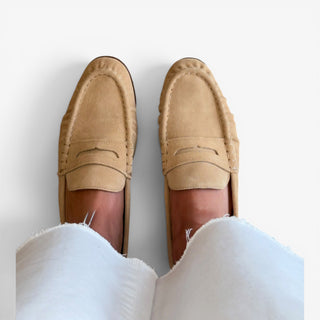 Sam Edelman Louella Cyprus Tan suede mules worn with white cropped jeans, top-down on-model view
