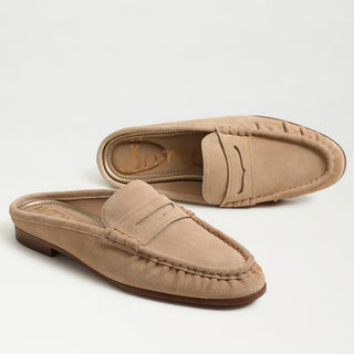 Sam Edelman Louella Mule beige suede loafer mule with slip-on back for everyday outfits angled pair view