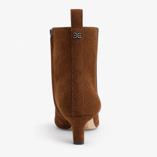 Sam Edelman Peony brown suede ankle boot in Warm Nutmeg, rear view showing pull tab, logo detail and kitten heel
