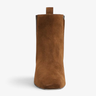 Sam Edelman Peony brown suede ankle boot in Warm Nutmeg, front view showing sleek square-toe silhouette