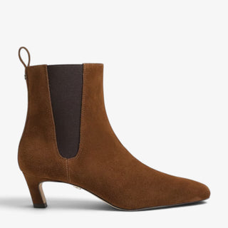 Sam Edelman Peony brown suede ankle boot in Warm Nutmeg, side view showing square toe, stretch panel and kitten heel.