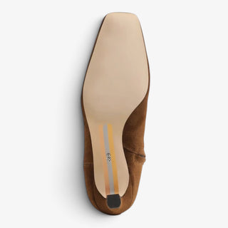 Sam Edelman Peony brown suede ankle boot in Warm Nutmeg, bottom view showing square-toe sole and kitten heel