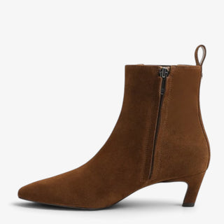 Sam Edelman Peony brown suede ankle boot in Warm Nutmeg, inner side view showing zipper closure and 2-inch heel