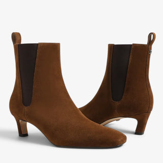 Sam Edelman Peony brown suede ankle boots in Warm Nutmeg, pair side view showing stretch panels and kitten heels.