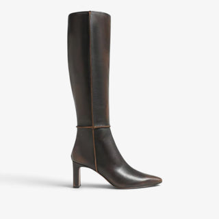 Sam Edelman Sylvia Moto washed brown leather knee high boot with snip toe and block heel side profile