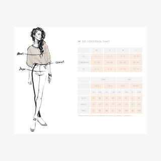 Illustration of a woman with size conversion chart on a white background