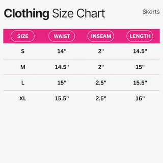 Black performance skort clothing size chart showing waist, inseam, and length measurements for women's sizes Small, Medium, Large, and Extra Large.
