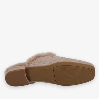 Taupe mule with rubber sole on a white background