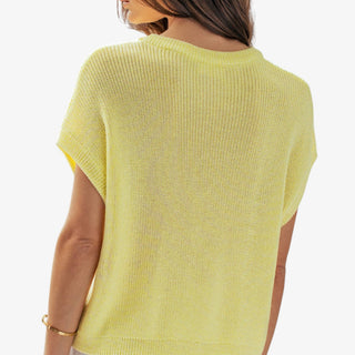     Soft yellow short sleeve knit top with relaxed boxy fit and lightweight open knit texture, shown from the back.
