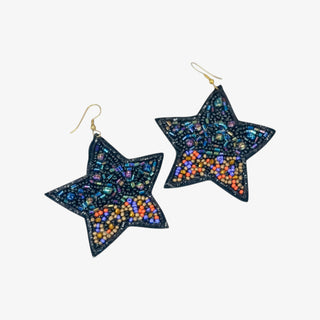 Black star earrings with black beads, iridescent accents, and colorful seed bead details on gold-tone hooks