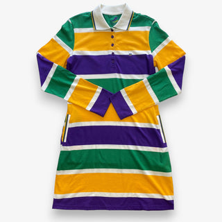 Mardi Gras rugby dress with purple green and gold stripes and collared neckline worn outdoors