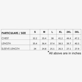 Size chart for clothing measurements in inches