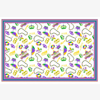 Mardi Gras-themed tablecloth and decorations on a dining table.
