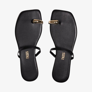 TKEES black toe ring sandal gold detail minimal flat sandal top view