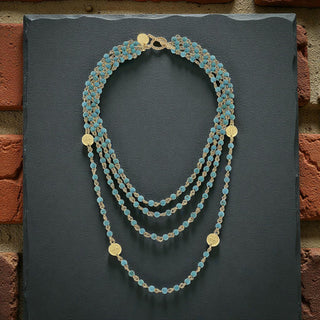 Multistrand necklace with turquoise and gold beads on a dark slate background