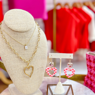 Pink Love Valentine heart drop earrings with pink heart print and crystal stud top