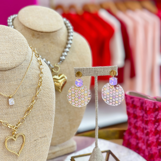 Candy heart drop earrings with multicolor heart print and faceted crystal accent