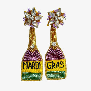 Beaded Mardi Gras bottle earrings in purple green and gold with crystal starburst stud
