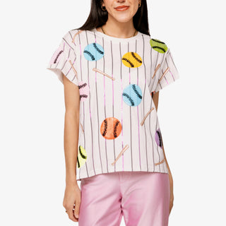 Queen of Sparkles striped baseball sequin tee with multicolor baseball and bat design, short sleeves, crew neckline, and relaxed fit for game day wear