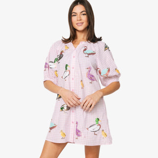 Queen of Sparkles gingham dress with multicolor sequin duck design and puff sleeves on a white background