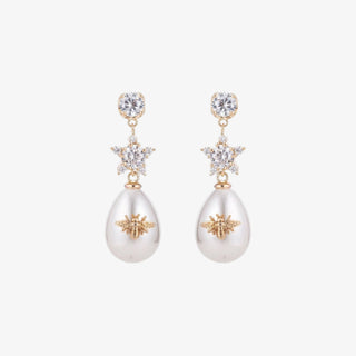bee pearl drop earrings with crystal stud and gold bee detail on pearl teardrop statement earrings