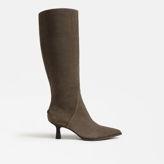 Brown knee-high boot on a white background