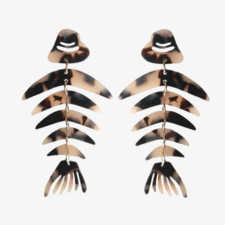 Tortoise shell fish bone drop earrings lightweight dangle statement front view