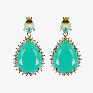 Turquoise teardrop drop earrings with crystal halo statement front view
