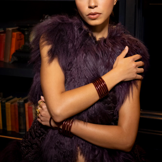 BuDhaGirl Merlot All Weather Bangles set of six red waterproof bracelets with gold serenity bead