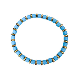 Turquoise beaded stretch bracelet with gold accents, individual product view