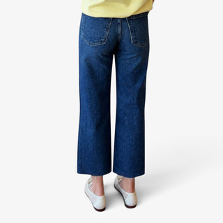 Utility Wide Leg Jeans in dark denim with back patch pockets and cropped raw hem, back view