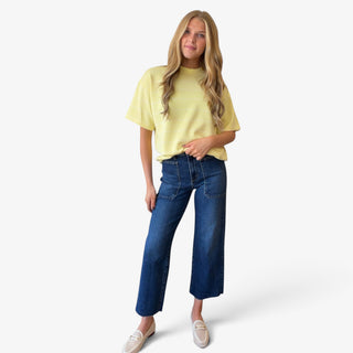  Utility Wide Leg Jeans in dark denim styled with a yellow top and loafers for an easy everyday fall outfit