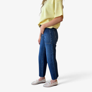 Utility Wide Leg Jeans in dark denim showing high rise waist, straight side seam and cropped wide leg, side view