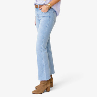 Vervet mid rise ankle jeans in light wash denim showing the fitted hip and cropped flare silhouette, side view