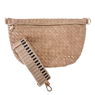 Westlyn Bum Bag in taupe woven vegan leather with gold zipper and detachable striped strap.