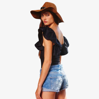 Black ruffle shoulder ribbed bodysuit for women