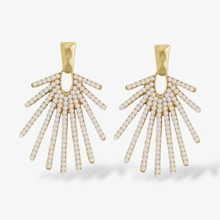 White sunburst drop earrings with gold textured hardware front view
