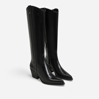 Pair of black leather knee-high boots on a white background