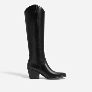 Black knee-high boot on a light gray background
